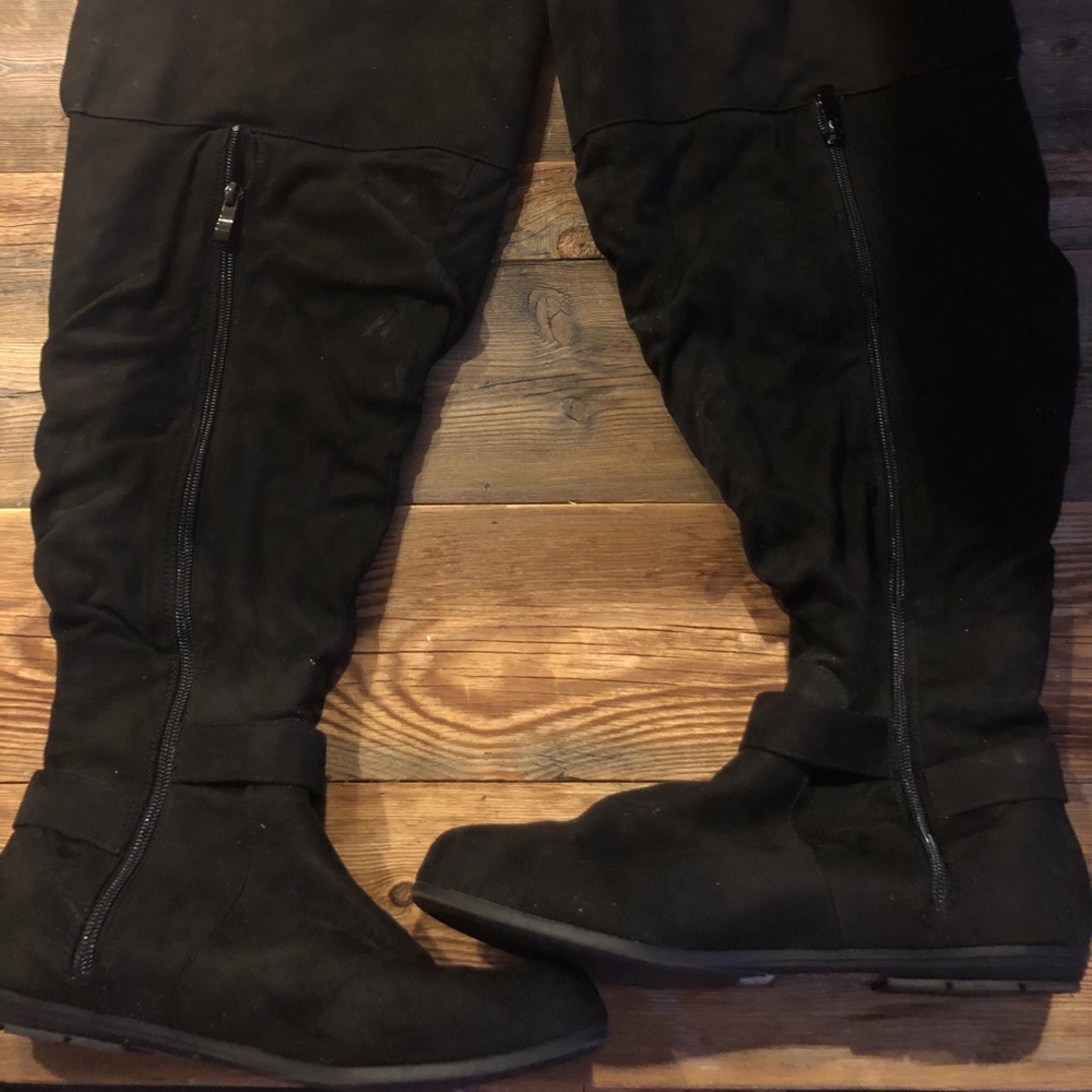 Black Faux Suede Wide Calf Over The Knee Boots